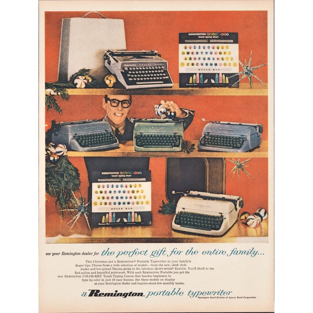 1959 Remington Portable Typewriter Vintage Print Ad Travel-Riter Wall Art 50s